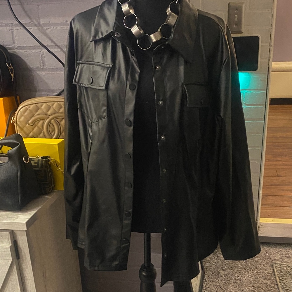 SHEIN Black Button Down Faux Leather Shirt